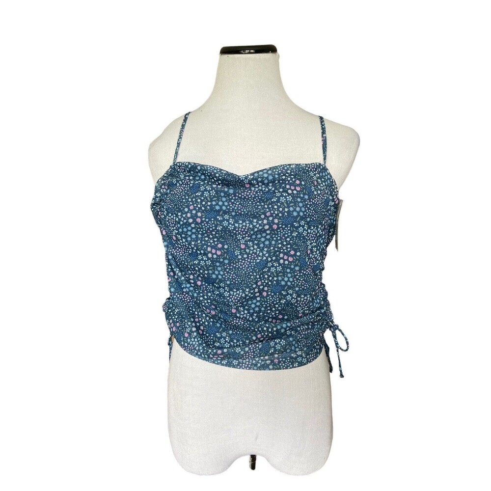 SO Womens Spaghetti Strap Crop Top Size XXL Jrs Blue Floral Ruched Sides Summer - Picture 1 of 14